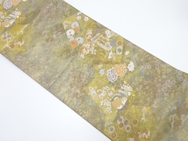 JAPANESE KIMONO / VINTAGE FUKURO OBI / WOVEN FLOWER & BIRD & CARRIAGE